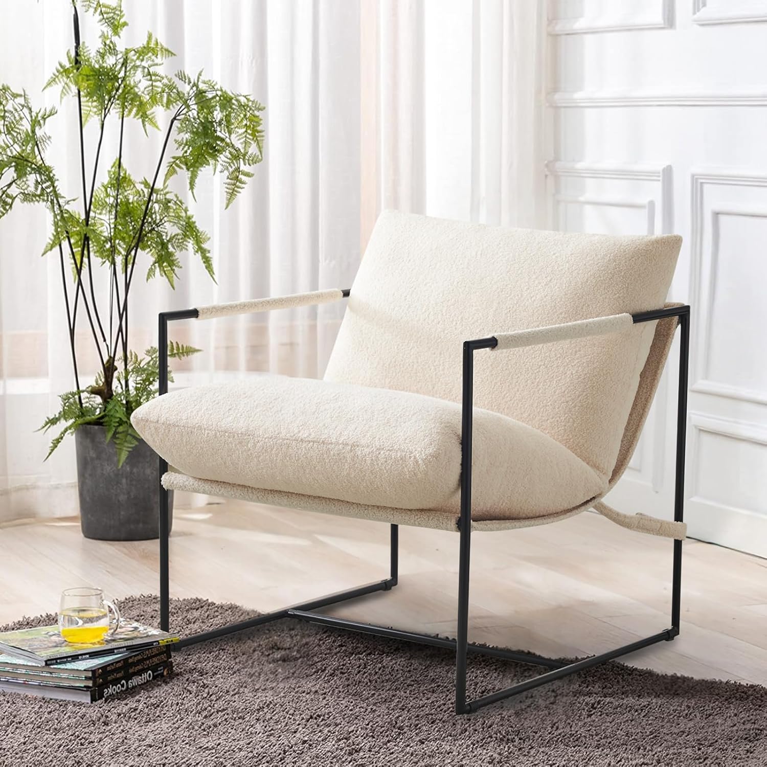 Fauteuil Salon Relax, Fauteuil Moelleux en Sherpa Bouclé Fauteuil Bouclette avec Accoudoirs & Dossier Ergonomique pour Salle à Manger, Salon, Chambre, Siege Bureau, Allaitement, Blanc Lot de 1 Blanc