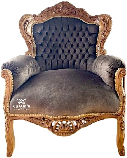 CasAmin Home & Living Fauteuil marron style Louis XV style baroque rococo rétro en velours couleur chocolat pour la décoration intérieure