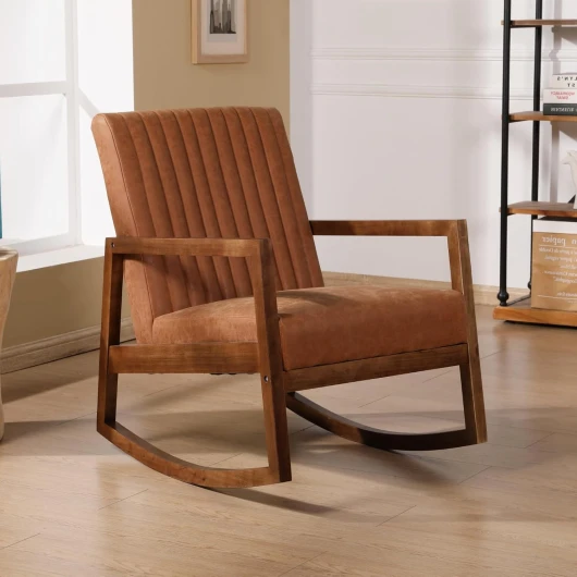 Fauteuil à Bascule avec Pieds en Bois Massif Chaise à Bascule en Cuir PU avec Accoudoirs Fauteuil de Salon Scandinave avec Coussin Épais, Fauteuil Relax Salon pour Salon, Chambre, Marron Marron 1pcs