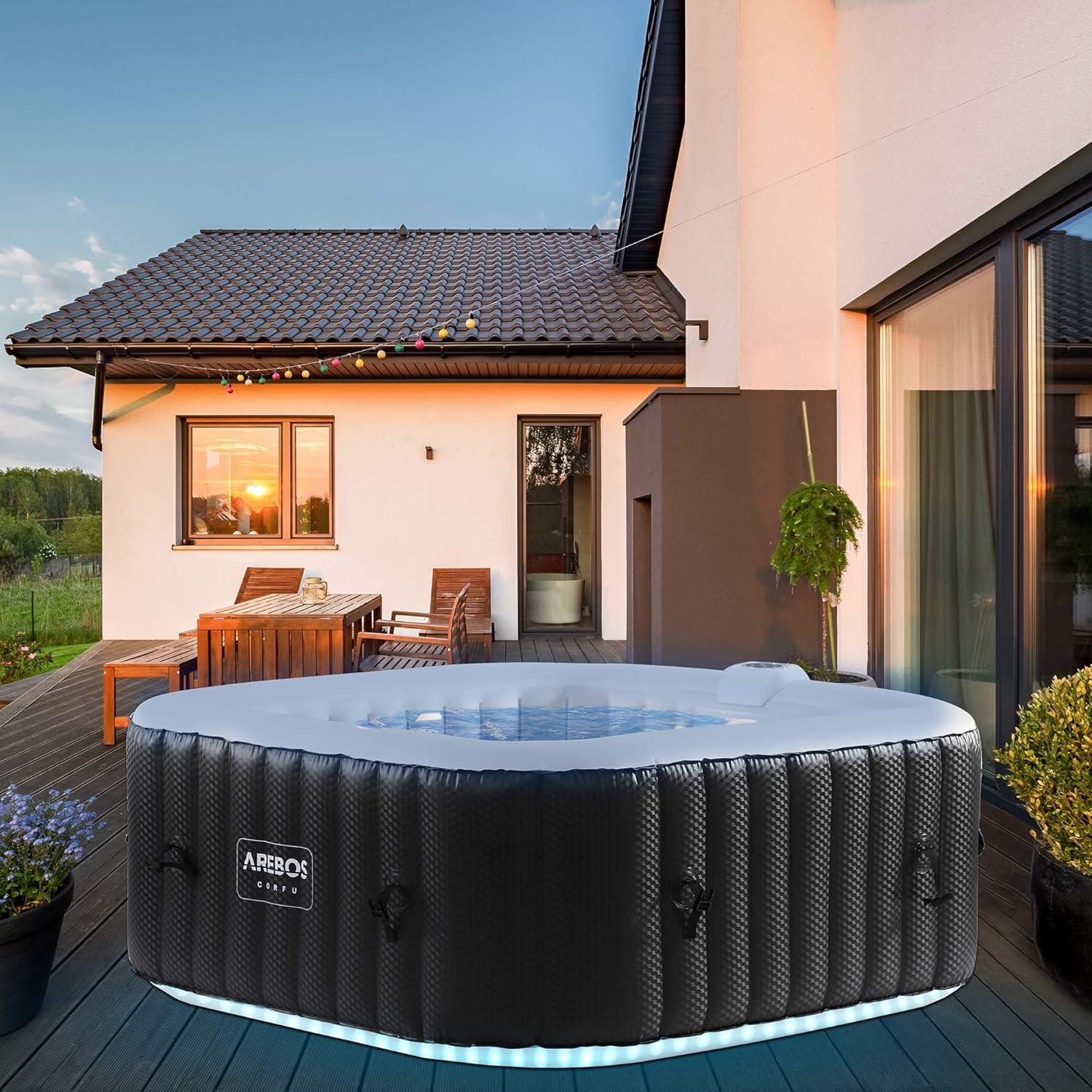 Spa Gonflable avec éclairage LED - Gonflable - pour l'intérieur et l'extérieur - 154x154cm - 4 Personnes - 100 Jets de Massage - avec Chauffage - 600 litres - avec Couvercle - Spa et Bien-être