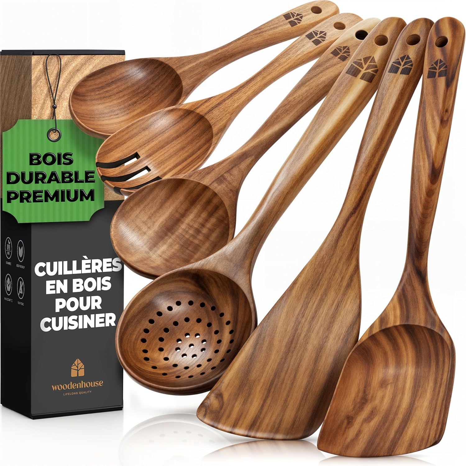 Ustensiles de Cuisine Bois - Set de Cuillères & Spatules en Bois Résistantes à la Chaleur & Durables - Ensemble d'Ustensiles Bois de Teck Facile à Nettoyer - Robustes & Anti-Rayures 6 Piece Set