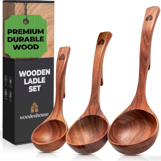 Louche Cuisine en Bois - Lot de 3 Louches en Bois de Teck 100% Naturel - Louche à Soupe avec Crochet Pratique sur le Manche pour Tenir sur La Casserole - Cuillère à Soupe Antiadhésive - 3 Tailles 3 ensemble de taille