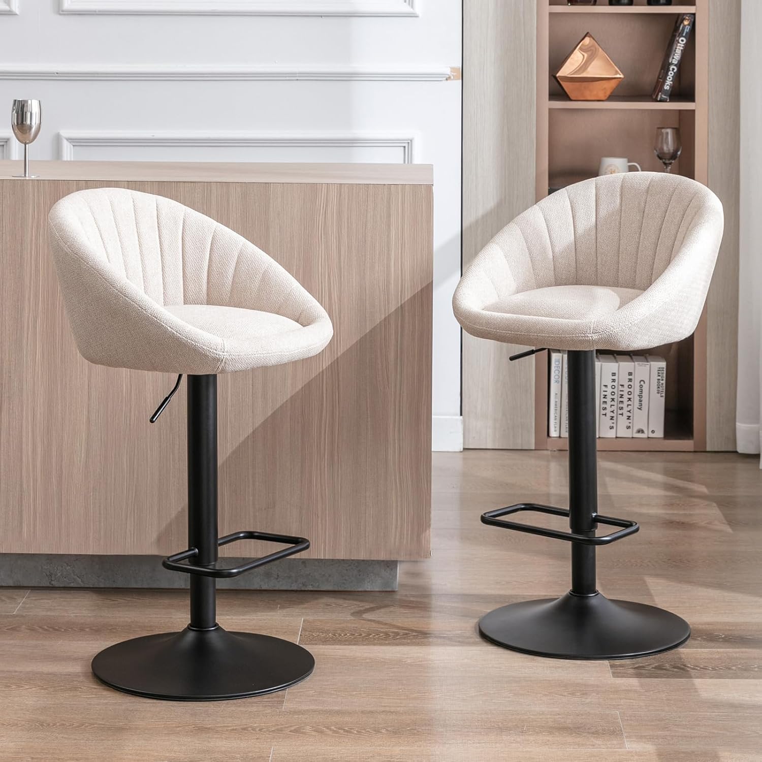 Ya-Home Tabourets de Bar Moderne Lot de 2 Chaise Bar Tissu Réglable en Hauteur, Chaise Haute Cuisine Confortable, Beige
