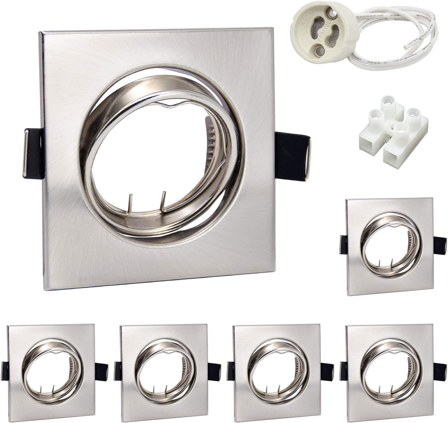 Spot Encastrable GU10 Set,Cadres de Montage en Inox Carré pour Spot Encastrable 68mm Avec Douille GU10,Orientable 30°,AC 220-240V,Rond,Pour Lampes A LED Ou Halogènes Lot de 6 Acier Inoxydable Brossé Paquet de 6