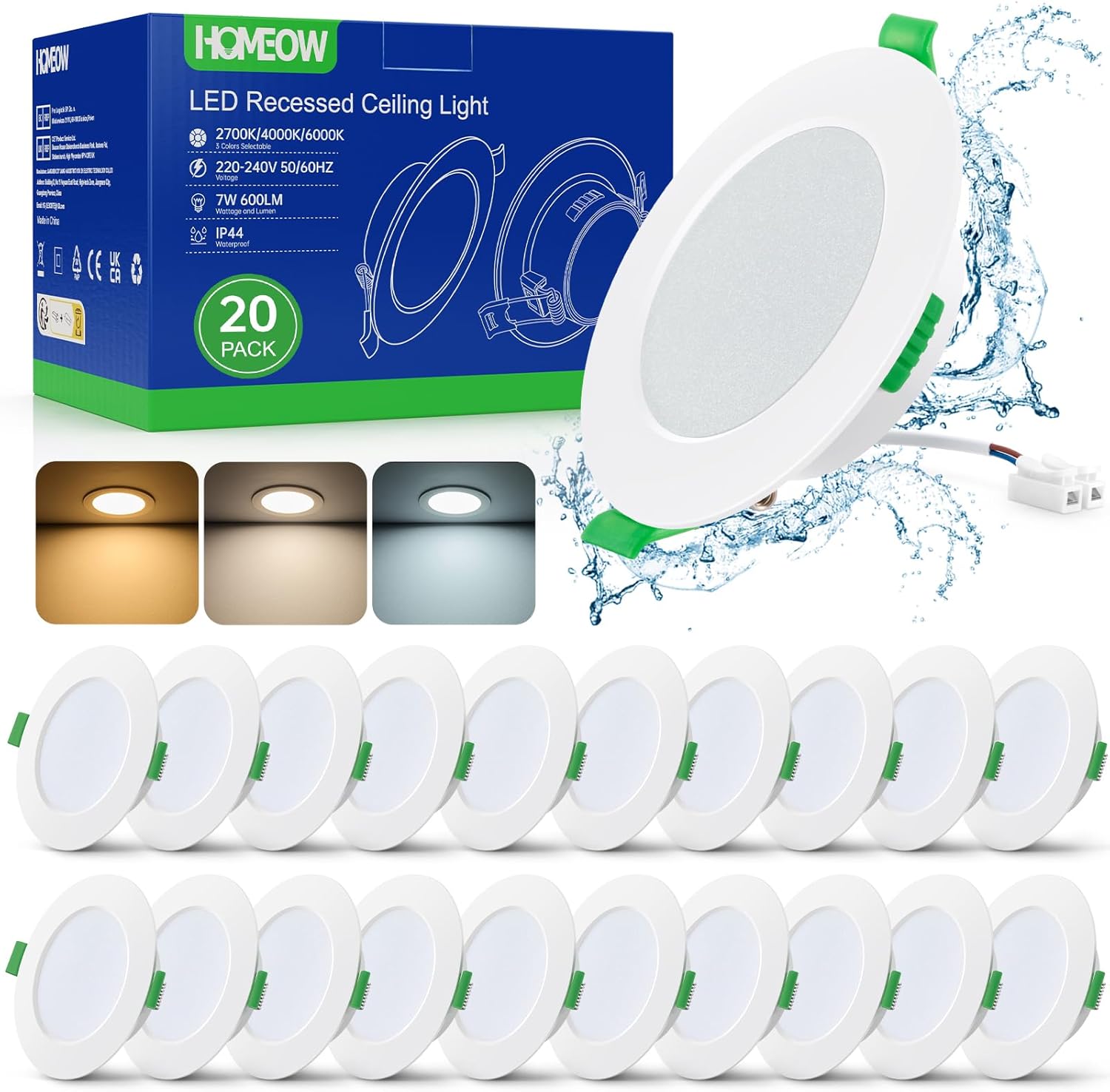 Spot LED Encastrable 7W, LED Spot Etanche Salle de Bain 600LM IP44, Blanc Chaud 2700K, Blanc Neutre 4000K et Blanc Froid 6000K, Trou Φ75-90mm, 24mm Extra Plat, Non Dimmable, Lot de 20 20 pièces