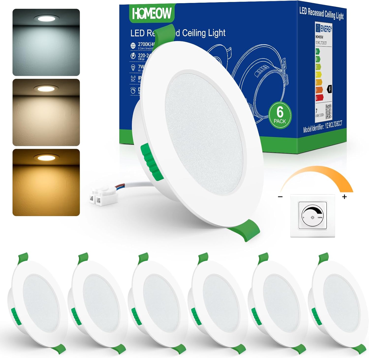 Dimmable Spot LED Encastrable Extra Plat, 7W Spots LED 600LM, Blanc Chaud 2700K Blanc Neutre 4000K Blanc Froid 6000K, Spot Salle de Bain IP44, Trou Ø75-90mm, Lot de 6