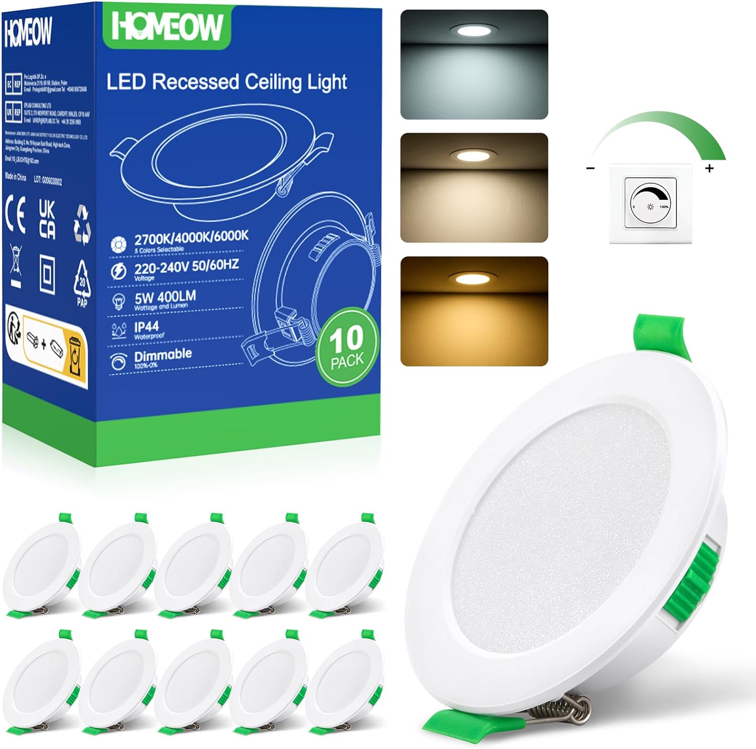 Spot LED Encastrable Dimmable 5W, Spot LED Encastrable 68mm-78mm Découpe, Blanc Chaud 2700K Blanc Neutre 4000K Blanc Froid 6000K Réglable Spot Salle de Bain IP44 pour Salon Cuisine, Lot de 10