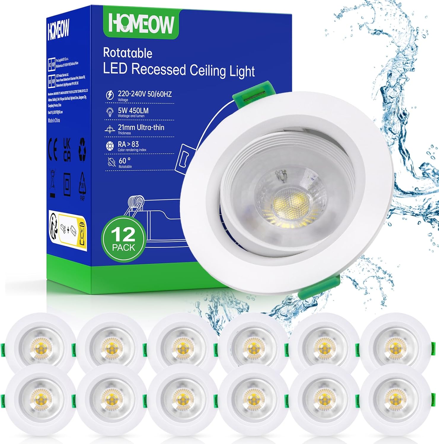 Lot de 12 Spot LED Encastrable Orientable, 5W Spot Salle de Bain IP44, 450LM 6000K Blanc Froid Spot Encastrable LED Extra Plat 21mm, Spots Encastrés Trou Ø70-80mm, Blanc, Rond