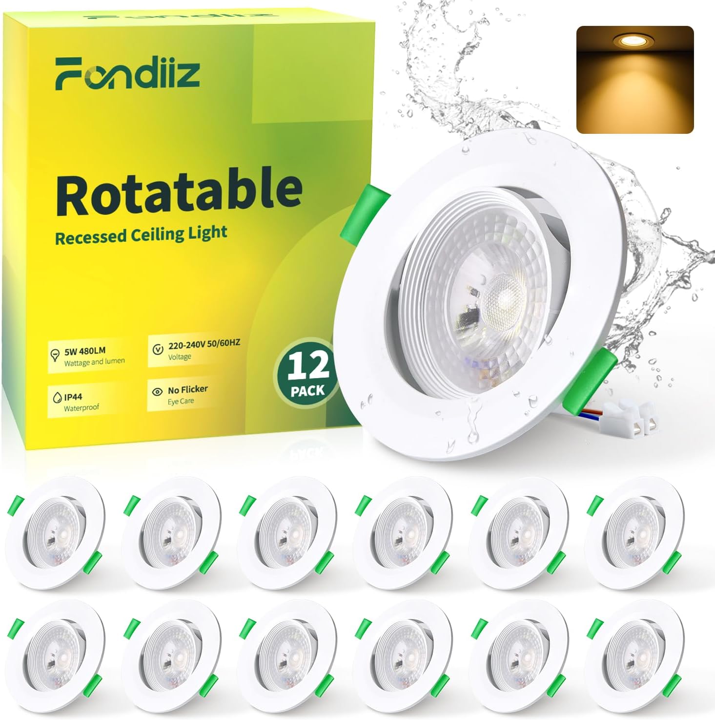 Spot LED Encastrable Orientable, 5W Spot LED Extra Plat 480LM Blanc Chaud 2700K, LED Spot Blanc Étanche IP44 pour Salle de Bain, Spots Encastrés Rond Trou Ø70-80mm, Non Dimmable, Lot de 12