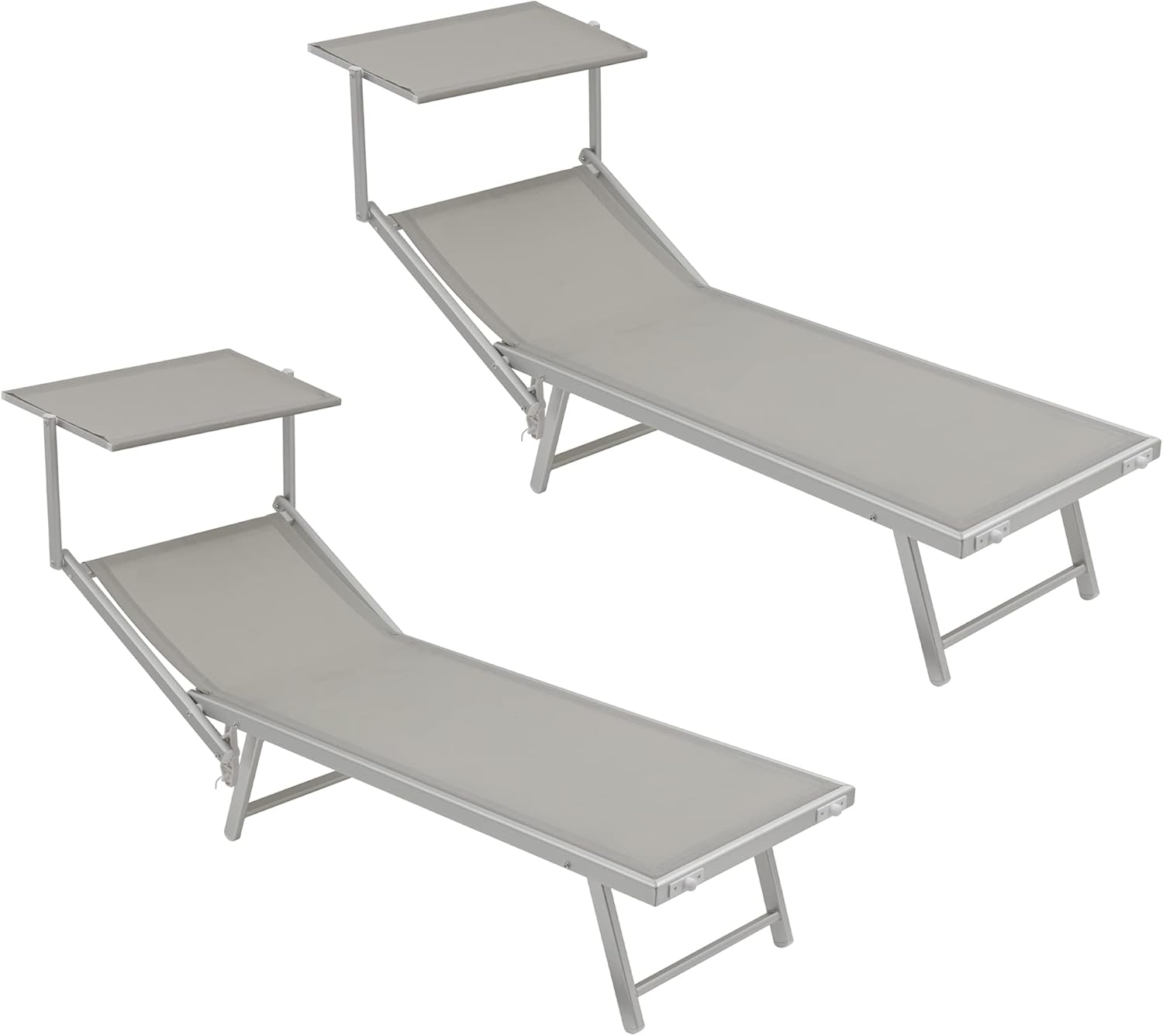 Baroni Home Chaise Longe Bain de Soleil, Lit du Soleil Pliable, Transat d’Extérieur avec Pare Soleil, Chaise Longe Bain de Soleil de Jardin Structure en Fer Ajustable, 90x181x59 cm, Beige, 2 Pièces Argent 2