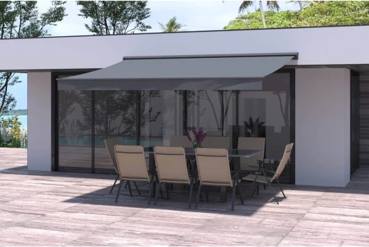 CONCEPT USINE - Lozio - Store Banne Motorisé 4x3m, Gris, Aluminium et Polyester Hydrofuge, Protection Solaire avec Télécommande, Fixations Murales Incluses 4 x 3 m Gris