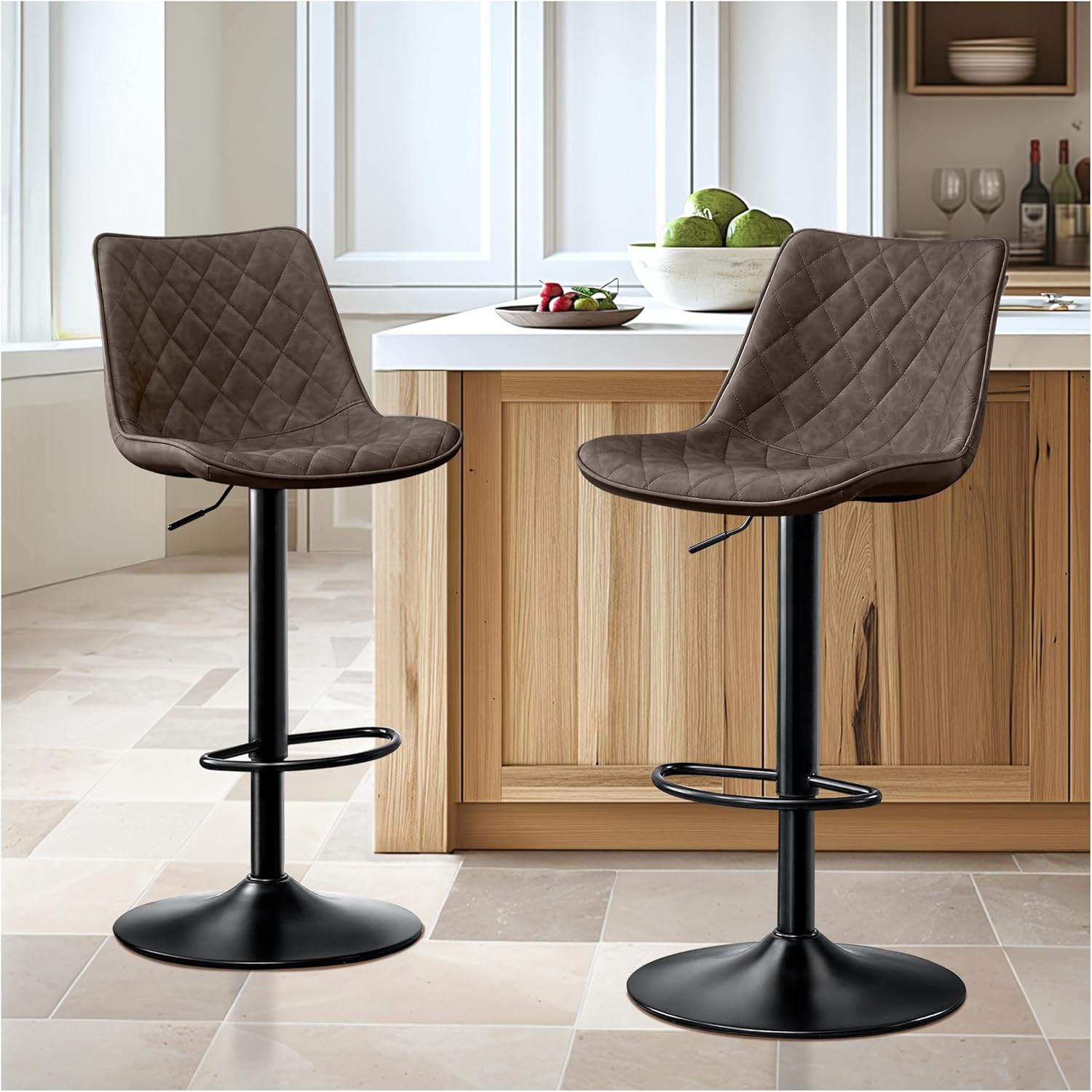 Lot de 2 Chaise de Bar, Tabourets de Bar en Cuir Microfibre, Siège Bar avec Repose-Pieds, Tabouret Bar Réglable en Hauteur, Tabouret Comptoir Convient pour Bar, Cuisine-Marron