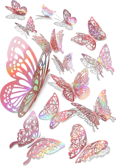 60 Pcs 3D Autocollants Muraux Papillon Or Rose Brillant, Décorations Papillon Or Rose Avec Ensemble de 5 Style Bricolage Fait Par L'homme de Papier Décoratif Murales Pour La Maison (Or rose)