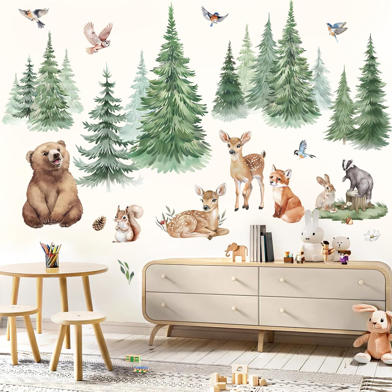 Stickers Muraux Grand Arbre Pin Animaux Autocollants Muraux Mural Stickers Enfants Animaux Foret Ourson Cerf Renard pour Chambre Enfants Bébé Pépinière Salon Grand Pin