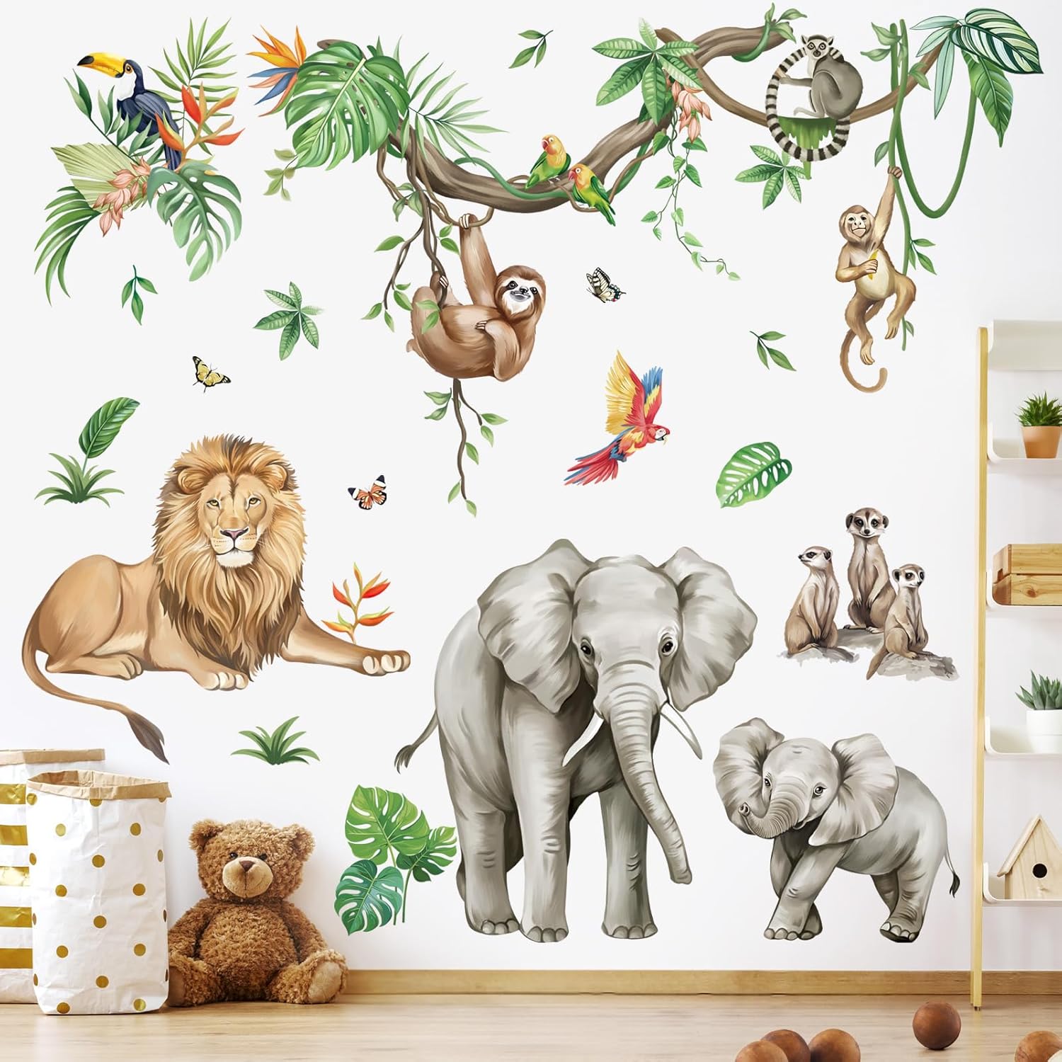Stickers Muraux Animaux de la Jungle Tropicales Vigne Autocollants Muraux Mural Stickers Sauvages Safari Éléphant Lion Singe pour Chambre Enfants Bébé Pépinière Salon