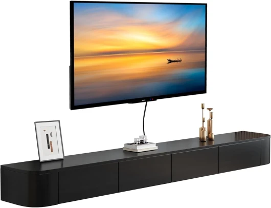Meuble TV Suspendu Noir 160cm - 3 Compartiments - Style Moderne Meuble Télé Murale de Salon, Chambre, Pré-monté, Longueur au Choix 120-300cm Noir 160 CM