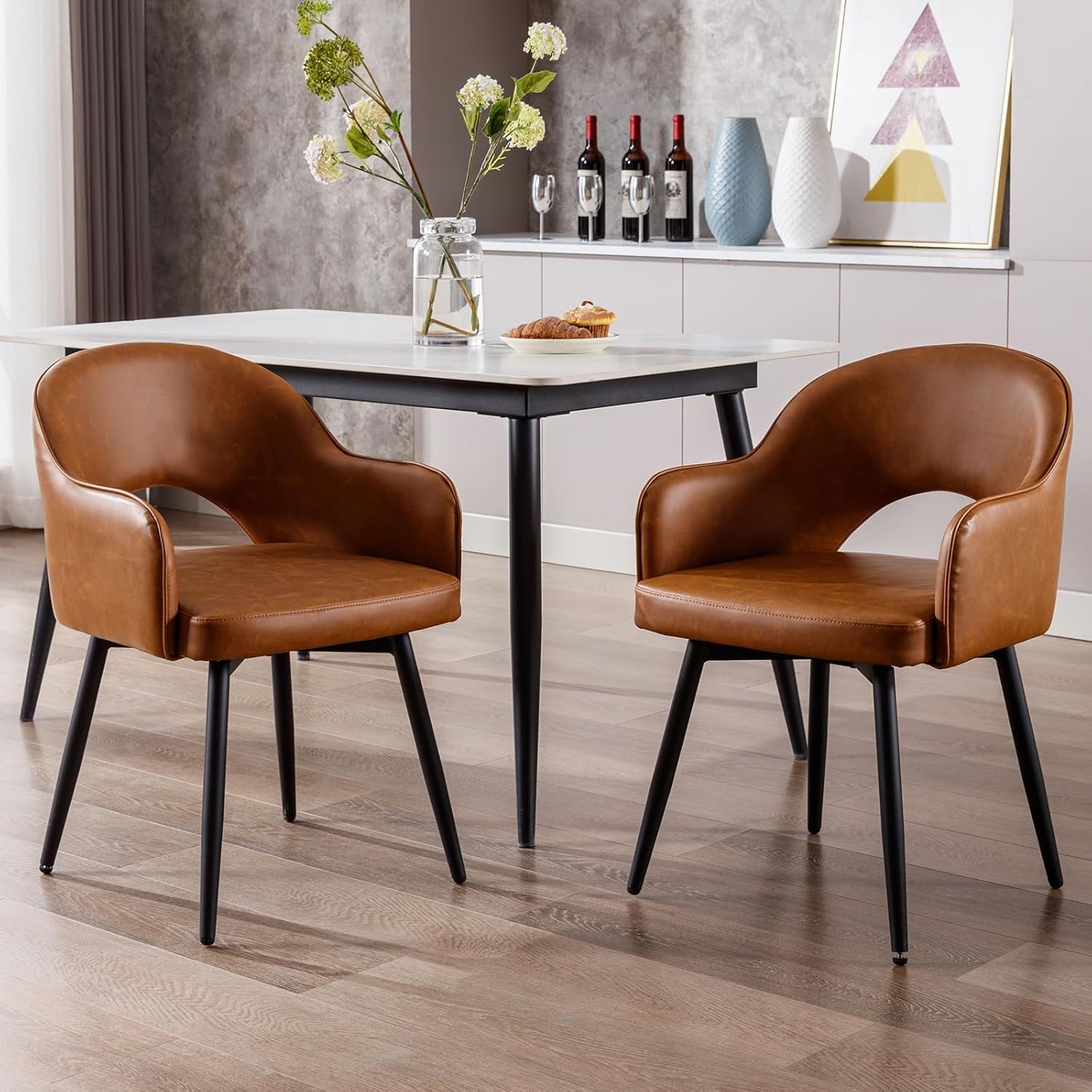 Ya-Home Lot de 2 Chaise de Salle à Manger en Cuir PU Chaise de Cusine Pivotante avec Accoudoirs Chaise à Manger pour Cuisine/Salle de Séjour, Marron