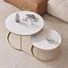 JZGORC Lot de 2 Tables Basses Rondes, Table D'appoint de Salon en Pierre Frittée en Marbre Blanc, Table Basse Nordique - Cadre en Métal Doré Blanc +Or 80/60