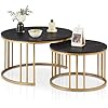Table Basse Ronde gigogne (2) pour Salon avec Effet marbre, pour Petit Espace, Table d'appoint empilable avec Structure en métal doré, 80 x 80 x 46cm Noir + Noir