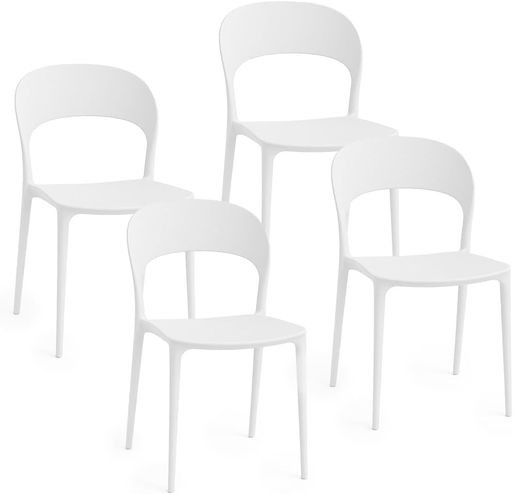 Baroni Home Lot de 4 Chaises en Plastique Blanc – Empilables, sans Montage, Faciles à Nettoyer, avec Patins Aantidérapants, pour Cuisine, Salon, Salle à Manger, Extérieur 41x38x77 cm, Dossier Arrondi