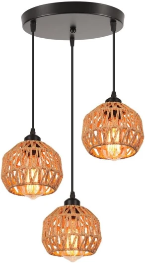 TOKTOP 3 Lampes Suspendue en Rotin Lustre Salon Vintage Suspension Luminaire Rotin Cage Abat-jour E27 Éclairage de Plafond Décor Plafonnier pour Chambre Cuisine Salle à Manger Tripartite Rond