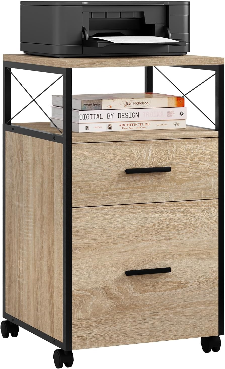 Caisson de Bureau à roulettes, Armoire Mobile à 2 Tiroirs avec 1 Compartiment Ouvert, Meuble de Rangement pour Dossiers, Documents A4, Effet Bois Clair, 40x40x69cm, ASK09hei