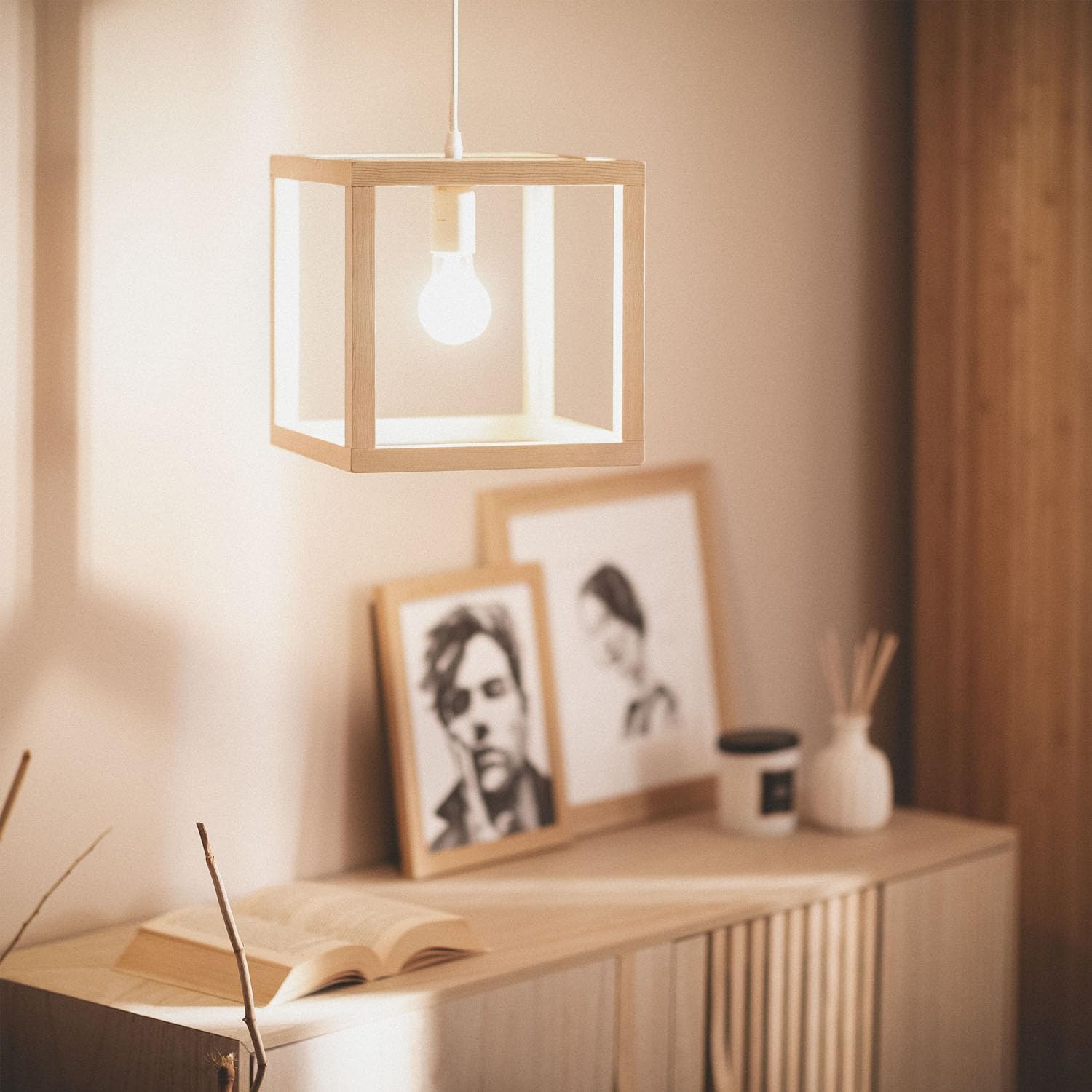 Suspension Bois Coba - Design Épuré et Élégant - Compatible Ampoules LED E27 - Câble Réglable - Pour Maison et Entreprise, Naturel, Bois