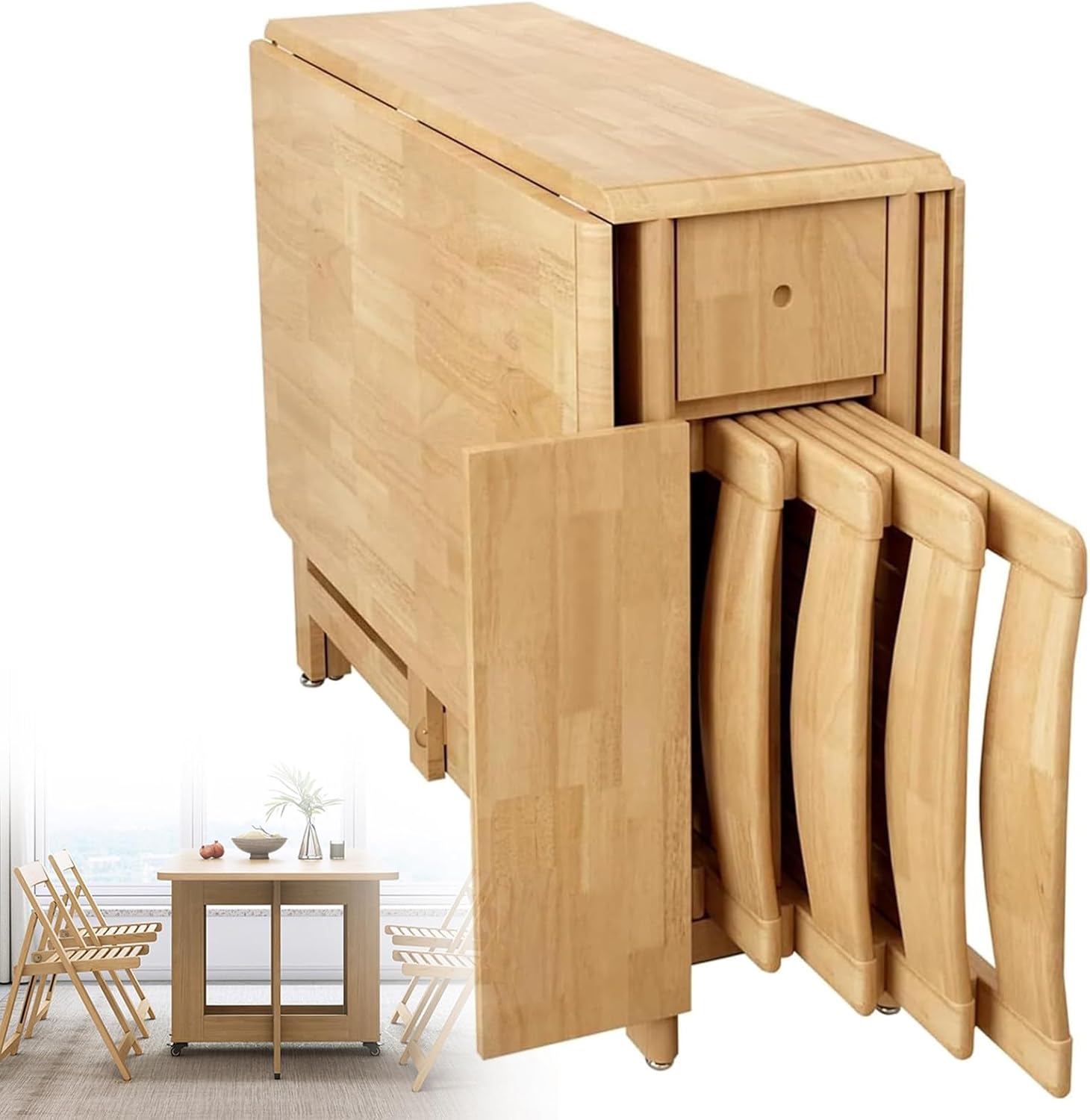 ZYLDDS Ensemble de Table à Manger Pliante Extensible, Table à Manger Extensible en Bois avec 4 chaises, Gain d'espace, Table à abattants pour Cuisine, Salle à Manger, Salon, Restaurant