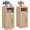 Tables de Chevet Lot de 2, Table de Nuit en Étroite avec 1 Compartiment Ouvert, Table d'appoint en Bois avec Décorés à La Main en Rotin, pour Chambre à Coucher, Salon, Naturel Compartiment