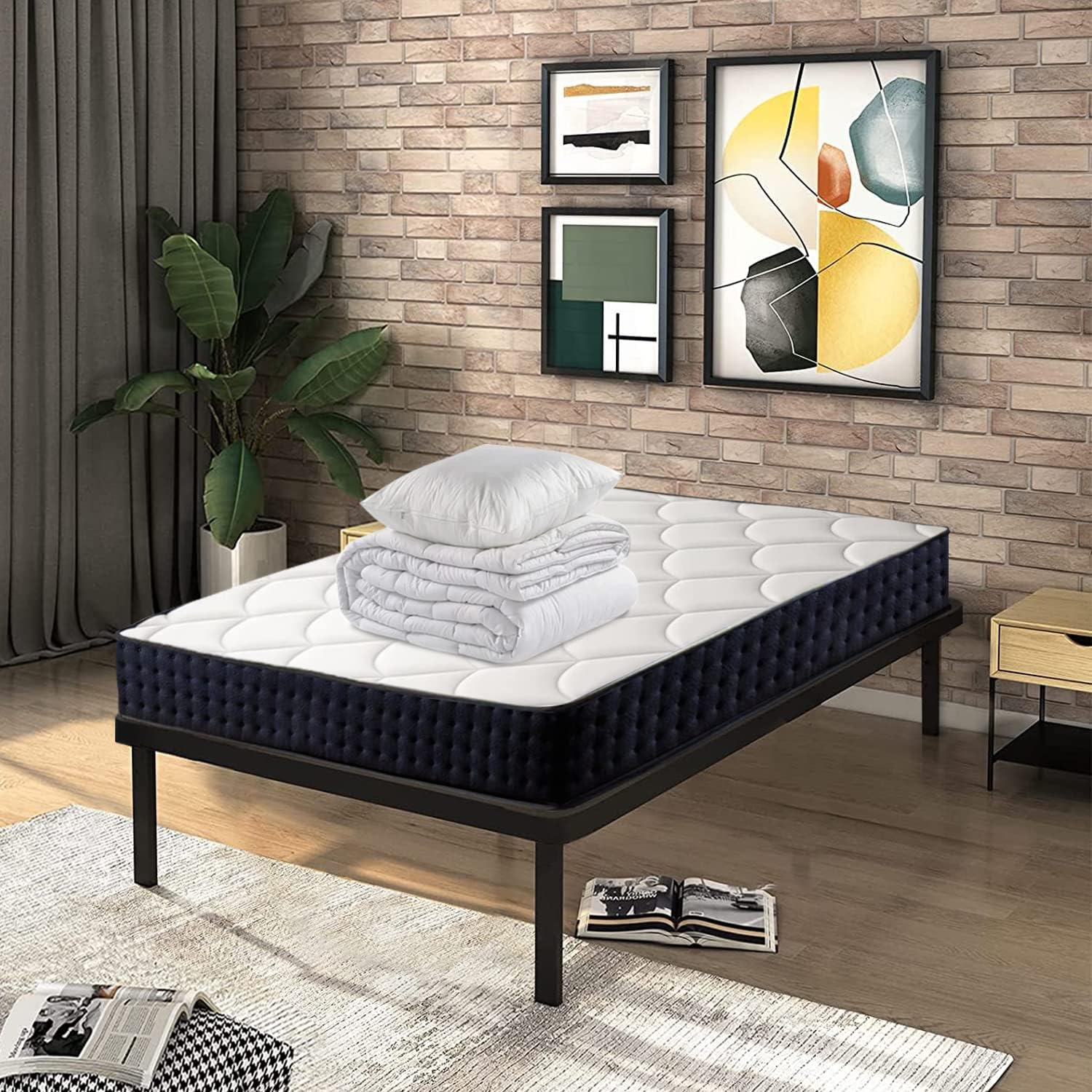 IZTOSS Lit Simple 90x190 cm Noir et Blanc avec Matelas en Mousse à Mémoire de Forme, Sommier en Bois, Couette 140x200 cm et Oreiller 60x60 cm (Ensemble Matelas et Sommier et Couette et Oreiller) Matelas 90x190+Sommier+Couette+Oreiller