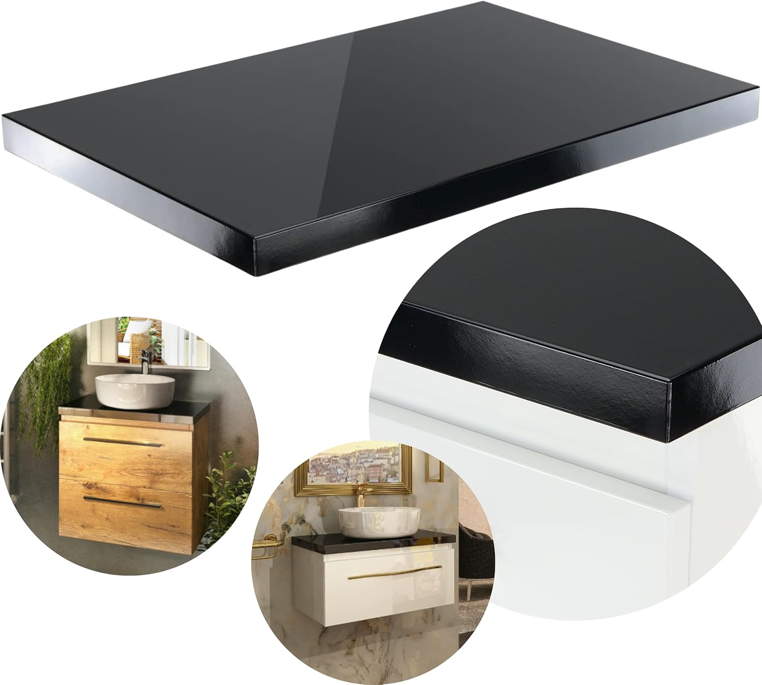 Paplinskioebel Plan de Travail pour lavabo, Plan de Travail pour Meuble sous Plan de Travail lavabo, Salle de Bain, Plan de Travail Universel (Dessus Noir Uniquement, 60 cm) 60 cm Dessus Noir Uniquement