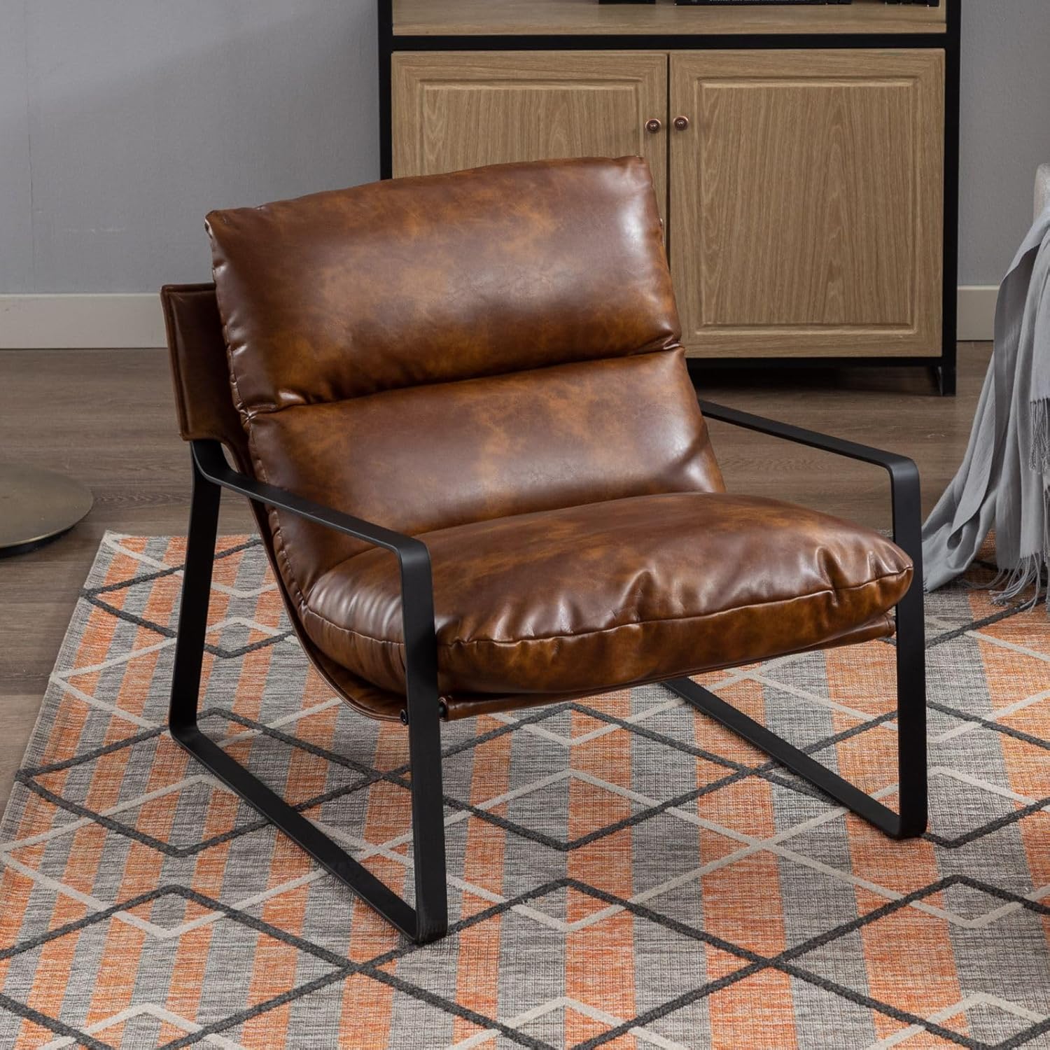 Fauteuil de Loisirs en Cuir PU Modern Chaise de Relaxation pour Salon Fauteuil de Chambre avec Cadre en Métal (Marron)