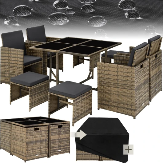 ® Salon de Jardin Extérieur en Poly Rotin - Table, 4 Chaises Confortables, 4 Tabourets, Housse de Protection - Mobilier pour Aménagement Balcon Terrasse - Marron Naturel
