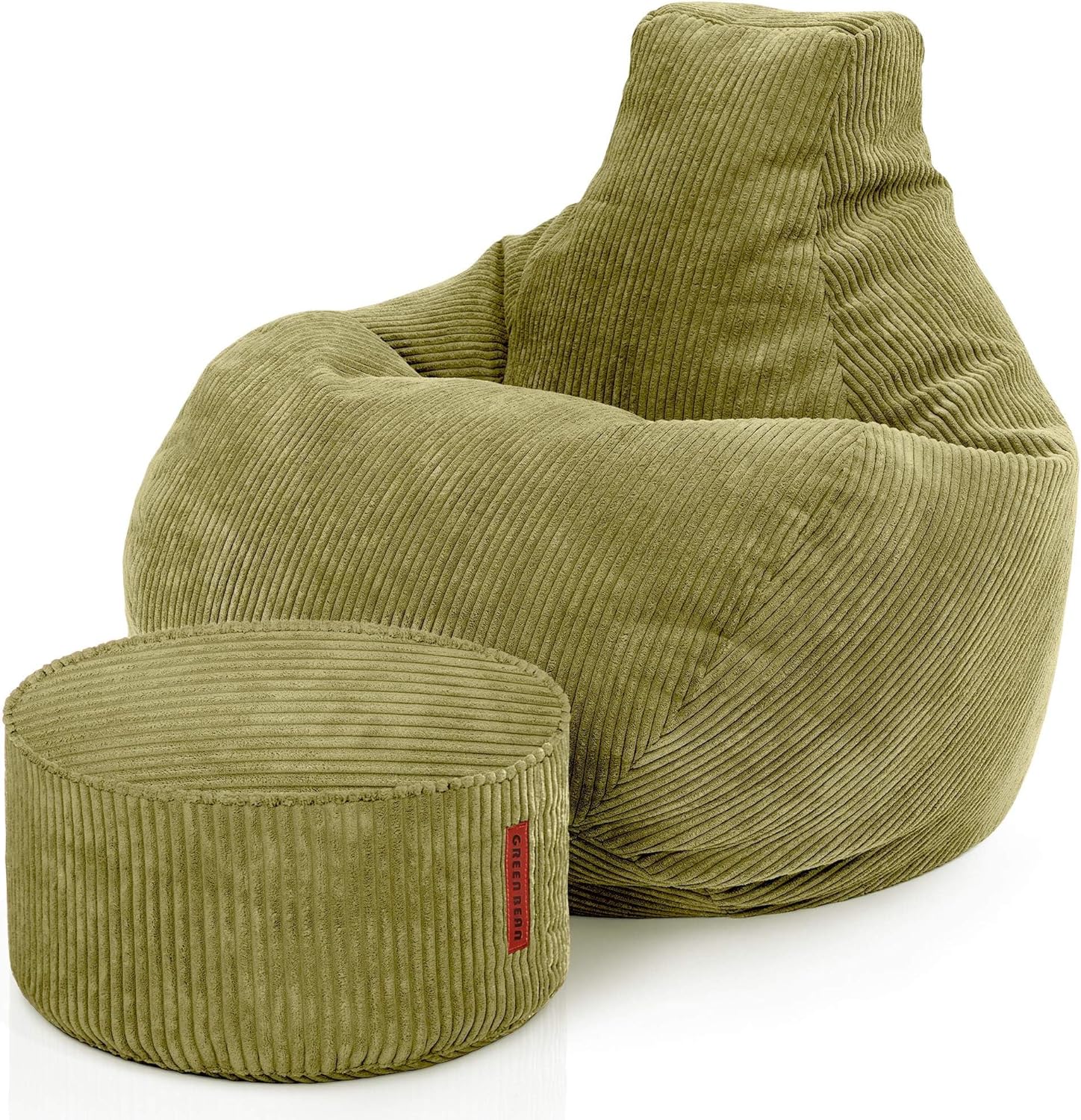 © Pouf avec Tabouret en Velours côtelé - Pouf pour Salon, Chambre à Coucher - Fauteuil pour Adulte - Vert - Environ 230 l - Rembourrage : 90 x 80 x 80 cm et 45 x 25 cm Ensemble Confortable - Vert