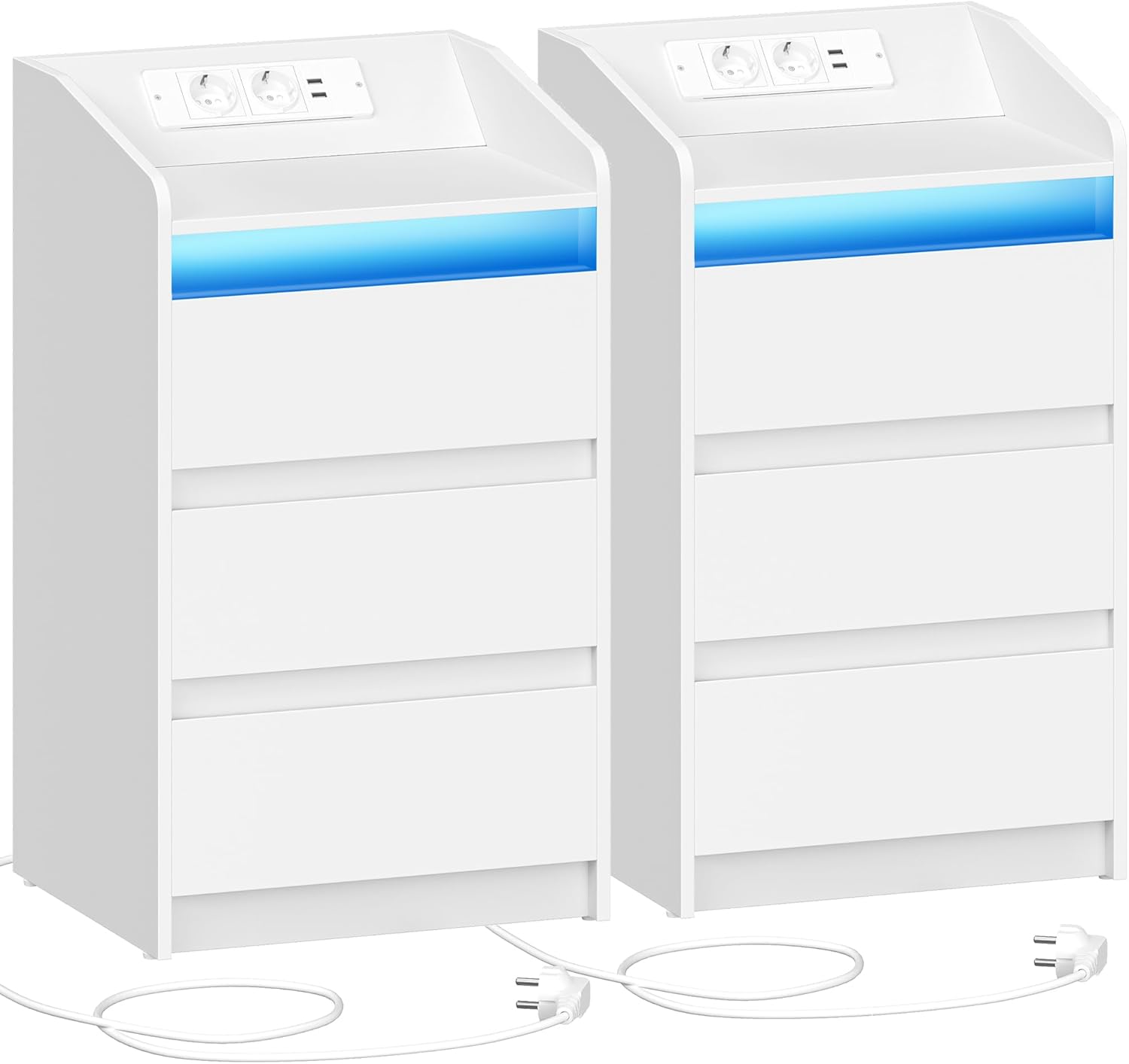 Table de Chevet Lot de 2 avec 3 Tiroirs, Table d'Appoint avec Station de Charge et LED, 2 Prises CA et 2 Ports USB pour Chambre à Coucher, Salon, Blanc NS40103X Blanc 2er Set