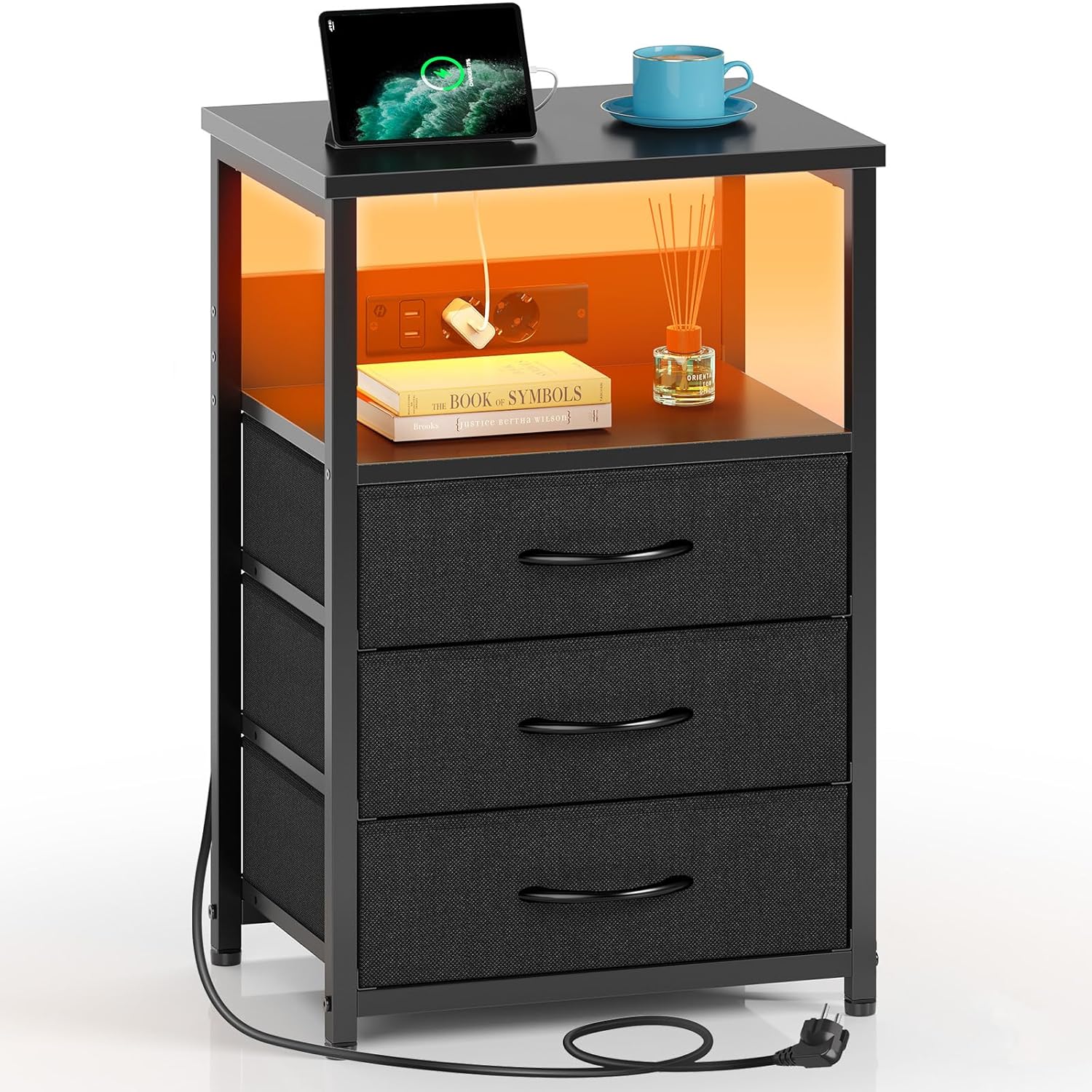 Chevet avec Chargeur, LED Intégrée, 2 Tiroirs en Tissu et 3 Niveaux de Rangement, Table de Nuit Moderne pour Chambre à Coucher, Blanc (1, Noir) Noir 1