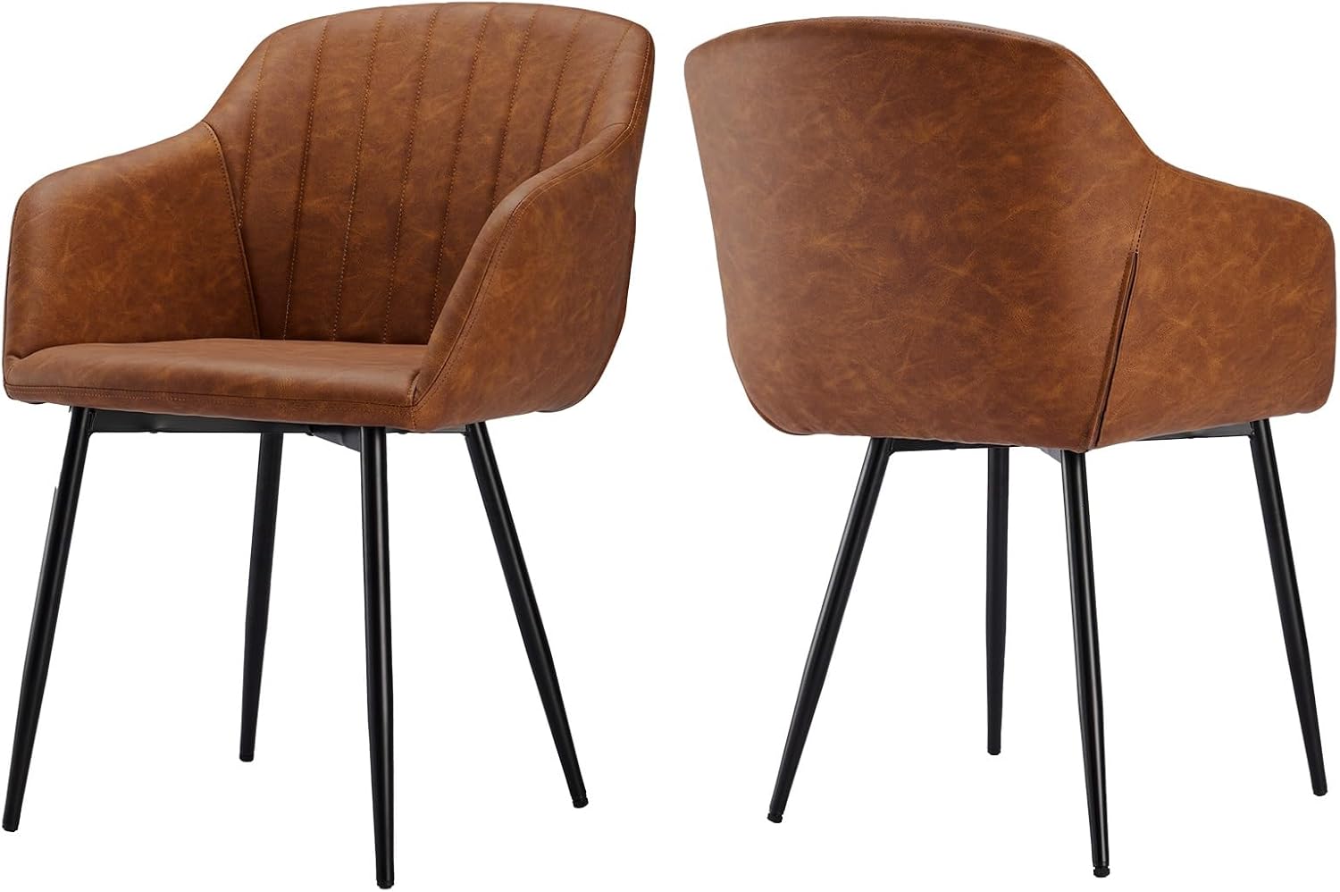 Goeurvant Lot de 2 Chaises Simili Cuir Marron Salle à Manger avec Accoudoirs, Fauteuil Chaise de Cuisine, Chaise de Salon Rembourrés et Pieds en Métal 2 chaises Marron