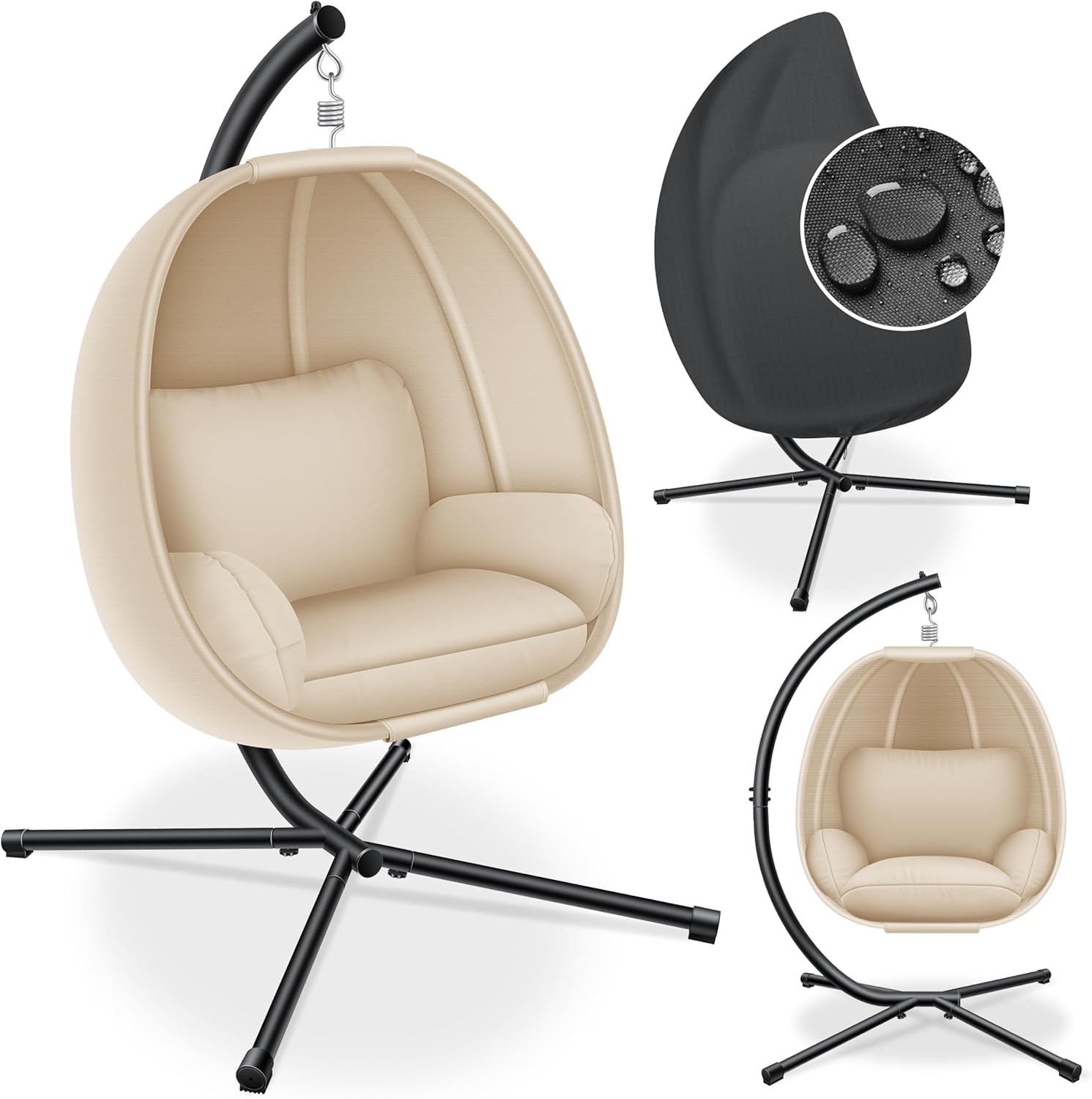 KESSER® Fauteuil Suspendu de Luxe avec Structure et Coussin d'assise Moelleux - Panier Suspendu intérieur et extérieur - Balançoire de Jardin - Panier Suspendu - Chaise Suspendue, Beige