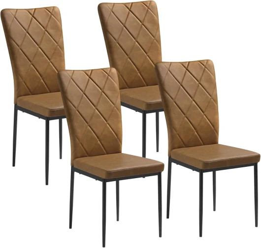 Lot de 4 Chaises Salle à Manger, Chaise de Cuisine, Chaise en Faux Cuir Vintage, avec Dossier Haut, Siège Rembourré Epais, Pieds en Métal, Moderne, Marron, BH380br-4 Marron Faux cuir Vintage