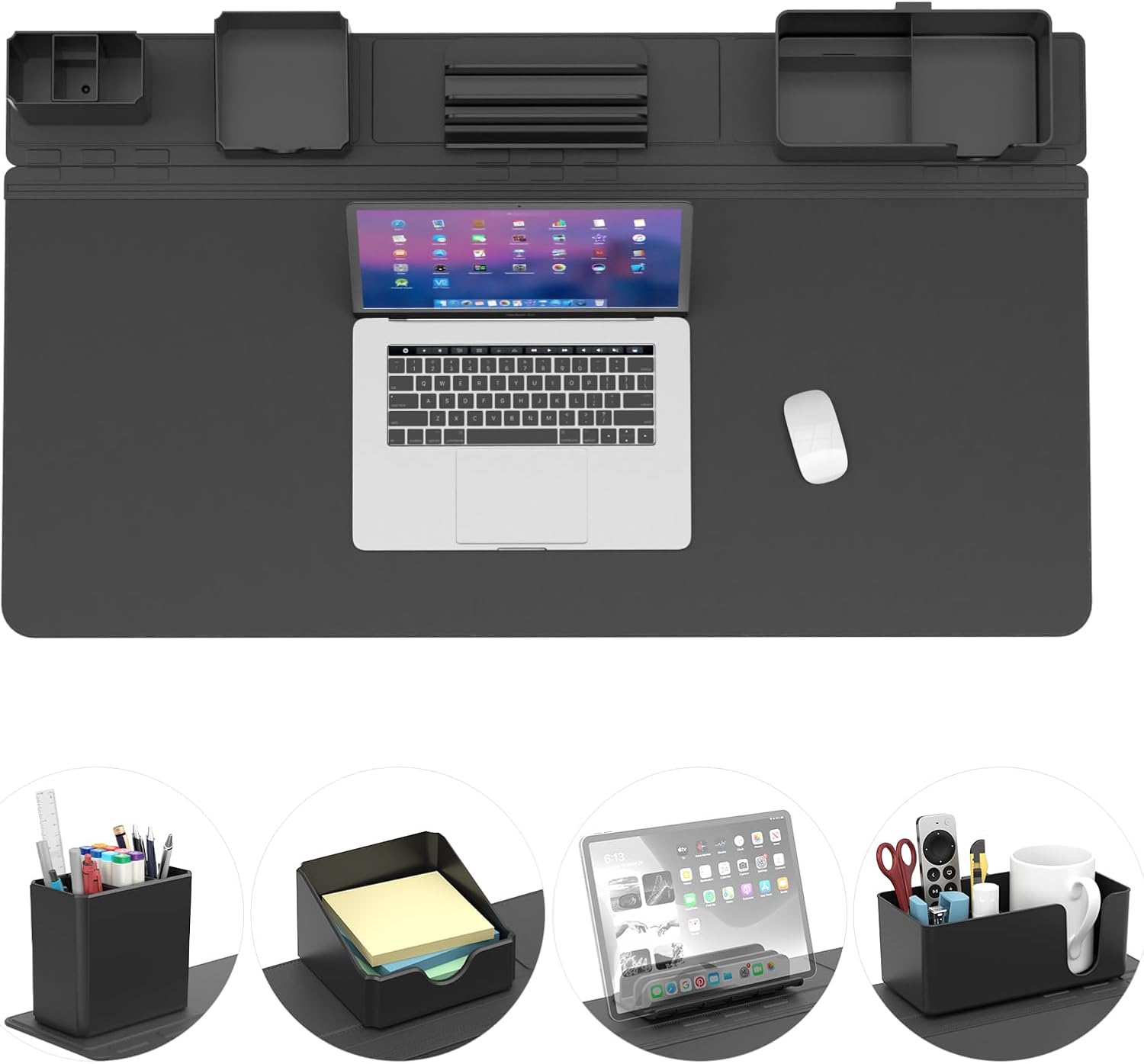 Tapis de Bureau avec Set Organisation - 5 en 1 Tapis de Souris XXL avec Rangement Bureau - Support Magnétique pour Téléphone/Boîte Rangement avec Porte-gobelet/Porte-stylo pour Bureau, Maison