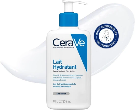 CeraVe - Lait Hydratant - Nourrit, Hydrate et Aide à Restaurer la Barrière Cutanée - Visage & Corps - Acide Hyaluronique + 3 Céramides Essentiels - Sans Parfum - Peau Sèche à Très Sèche - 236 ml