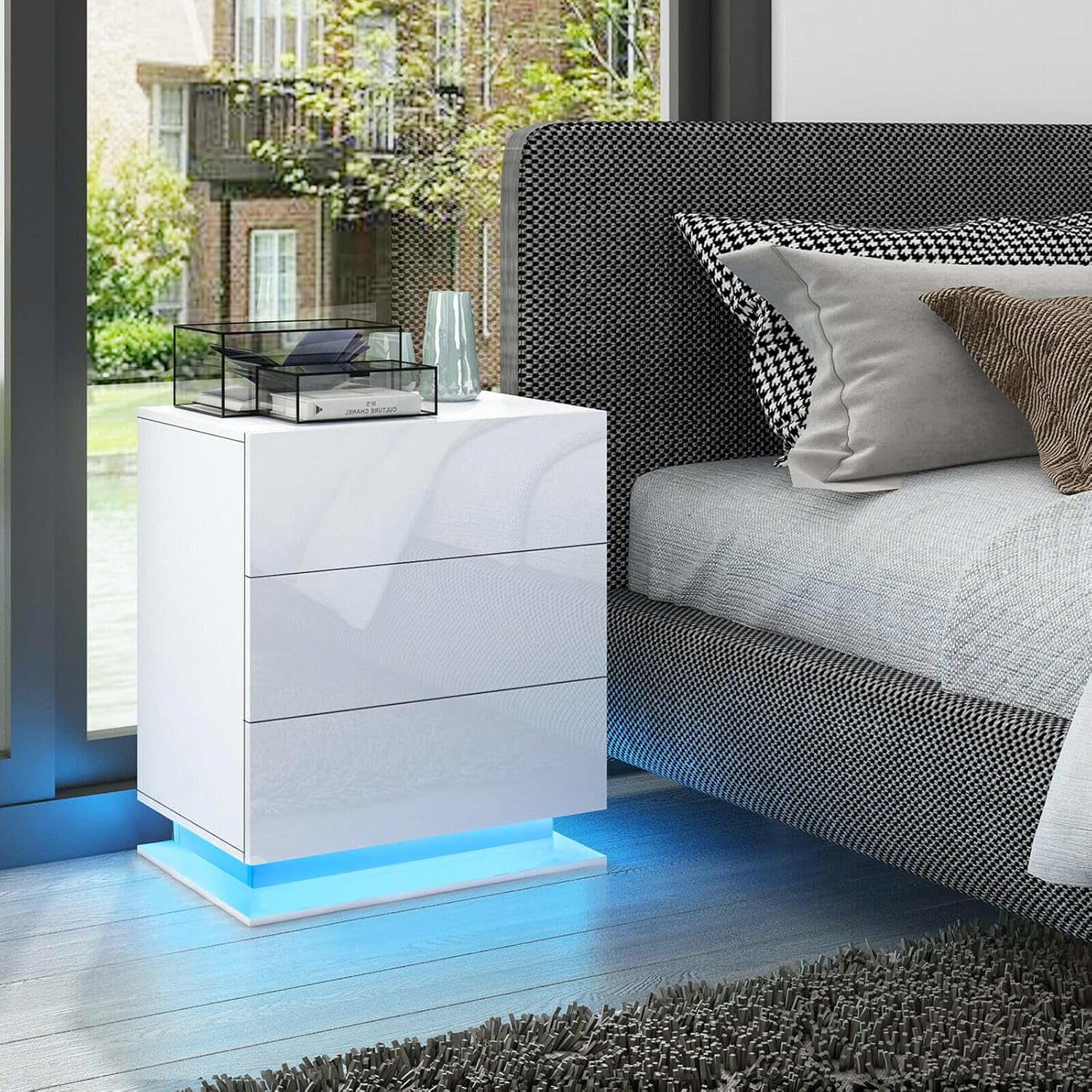 Table de Chevet avec 16 Couleurs LED RVB Table de Nuit Moderne Blanc pour Adulte en Bois Meuble de Chevet avec Commode 3 Tiroirs de Rangement Scandinave Blanc Bas avec lumière