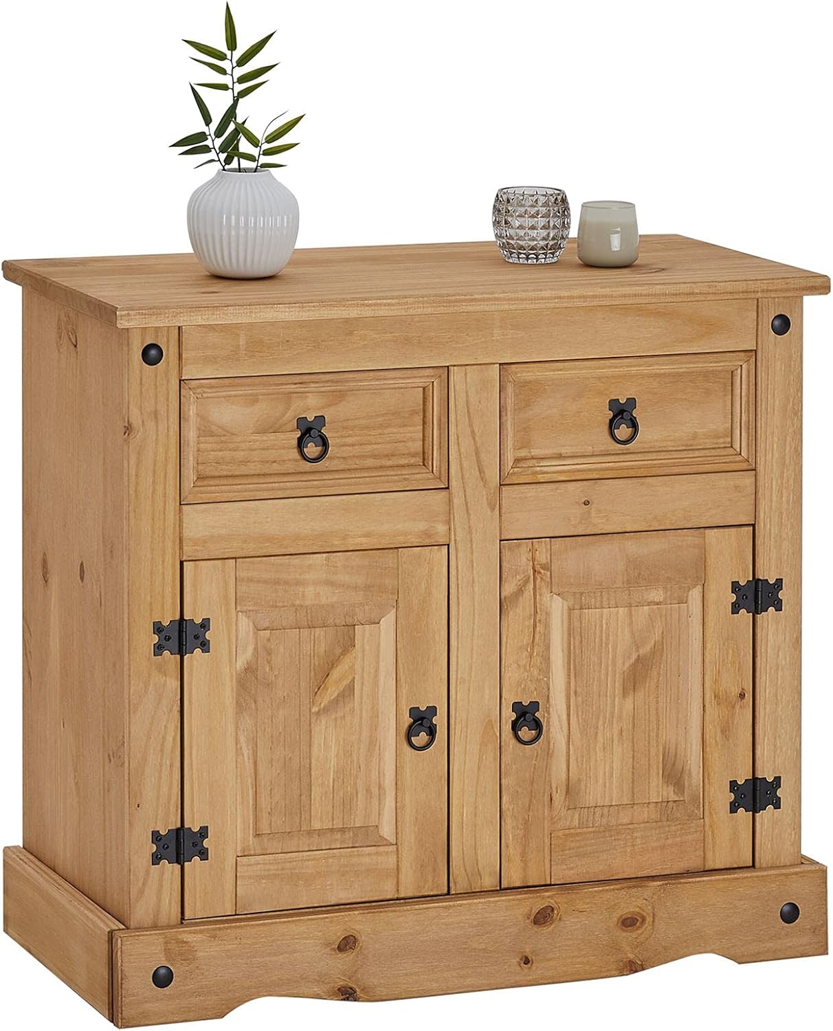 Buffet Salsa Commode bahut vaisselier en Bois Style Mexicain avec 2 Portes battantes et 2 tiroirs, en pin Massif Finition teintée/cirée