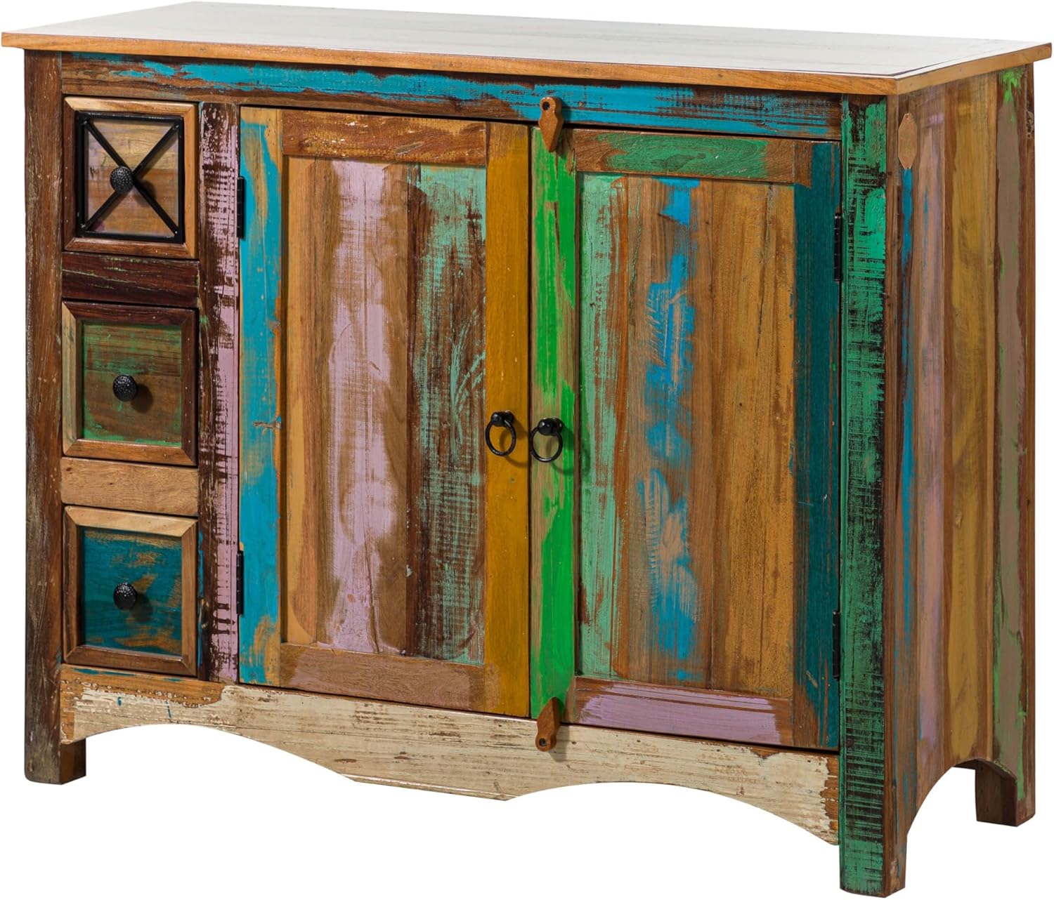 MASSIVMOEBEL24.DE Buffet - Bois Massif recyclé Multicolore laqué - Inspiration Ethnique - Nature of Spirit #17 110x40x85 cm (LxPxH) Laqué - Multicolore