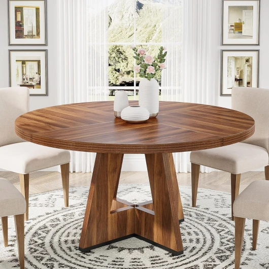 Table ronde pour salle à manger, cuisine, salle à manger, salon, 120 cm, pour 4 personnes, table à manger style rustique avec dessus et pieds en bois, marron rustique (table uniquement)