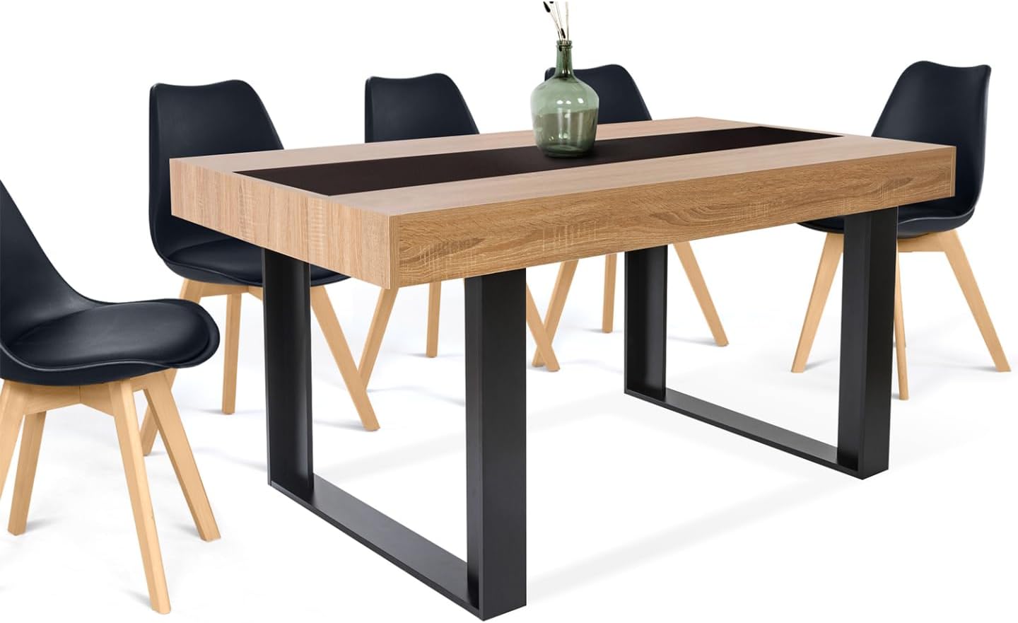 Table à Manger Rectangle Phoenix 6 Personnes Bois et Noir Bande Centrale Noire 160 cm