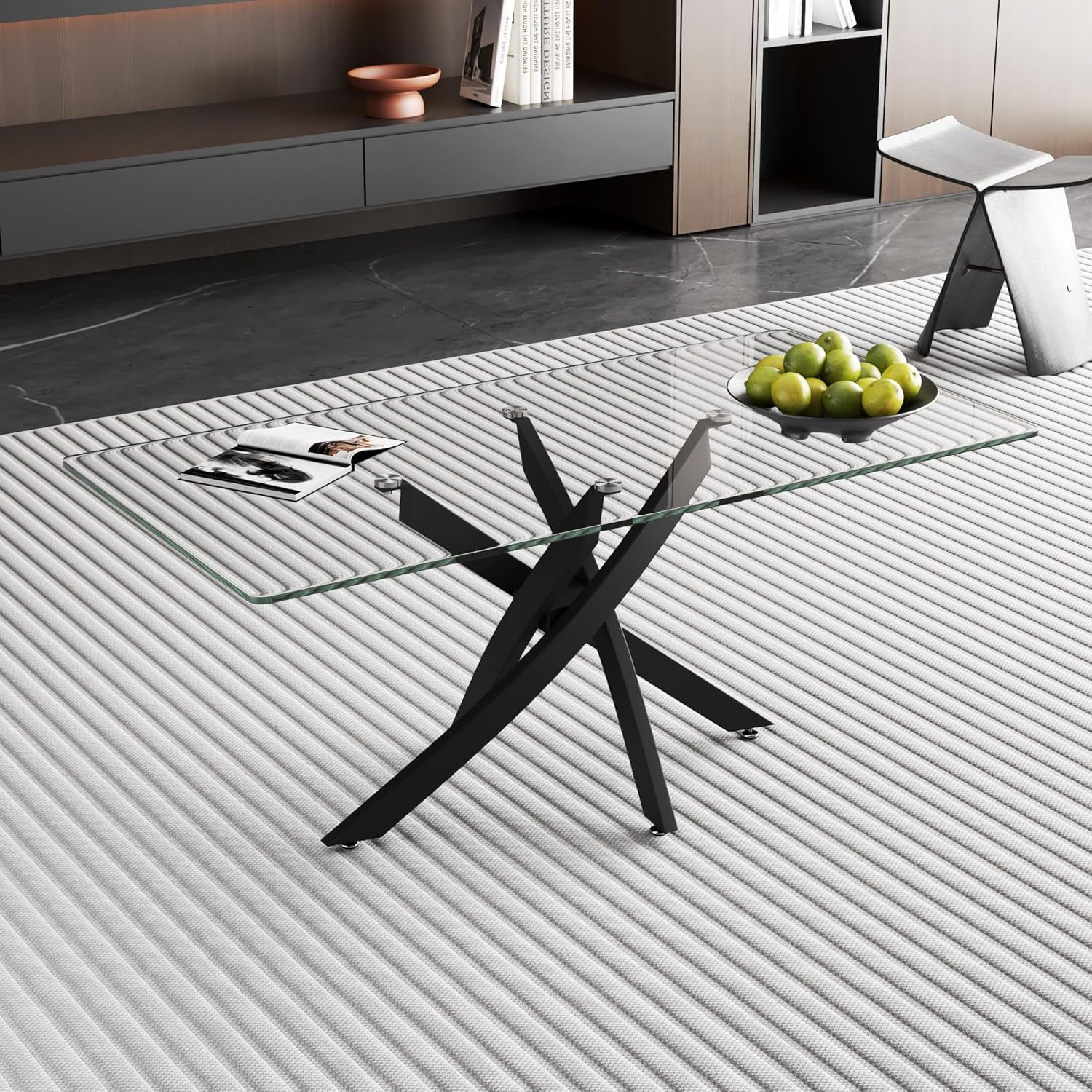 Table Basse Moderne en Verre, Structure Croisée Noire, 100 x 50 x 43 cm, Plateau Transparent