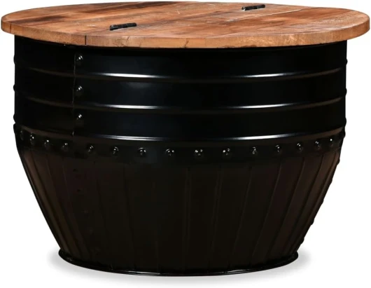 Table basse en forme de tonneau en bois massif recyclé noir, wenjingqi-245255