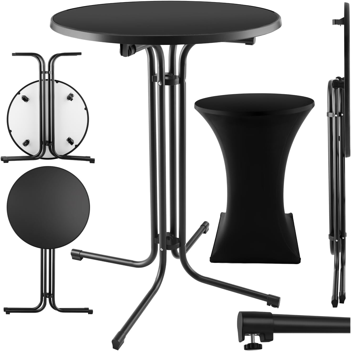 ® Table Haute Mange Debout Table Bistrot - de Bar Ronde - Pliante Acier laqué Ø 90cm x 110 cm Housse Mange Debout Incluse pour Réception Mariage Anniversaire Fête de Jardin Noir
