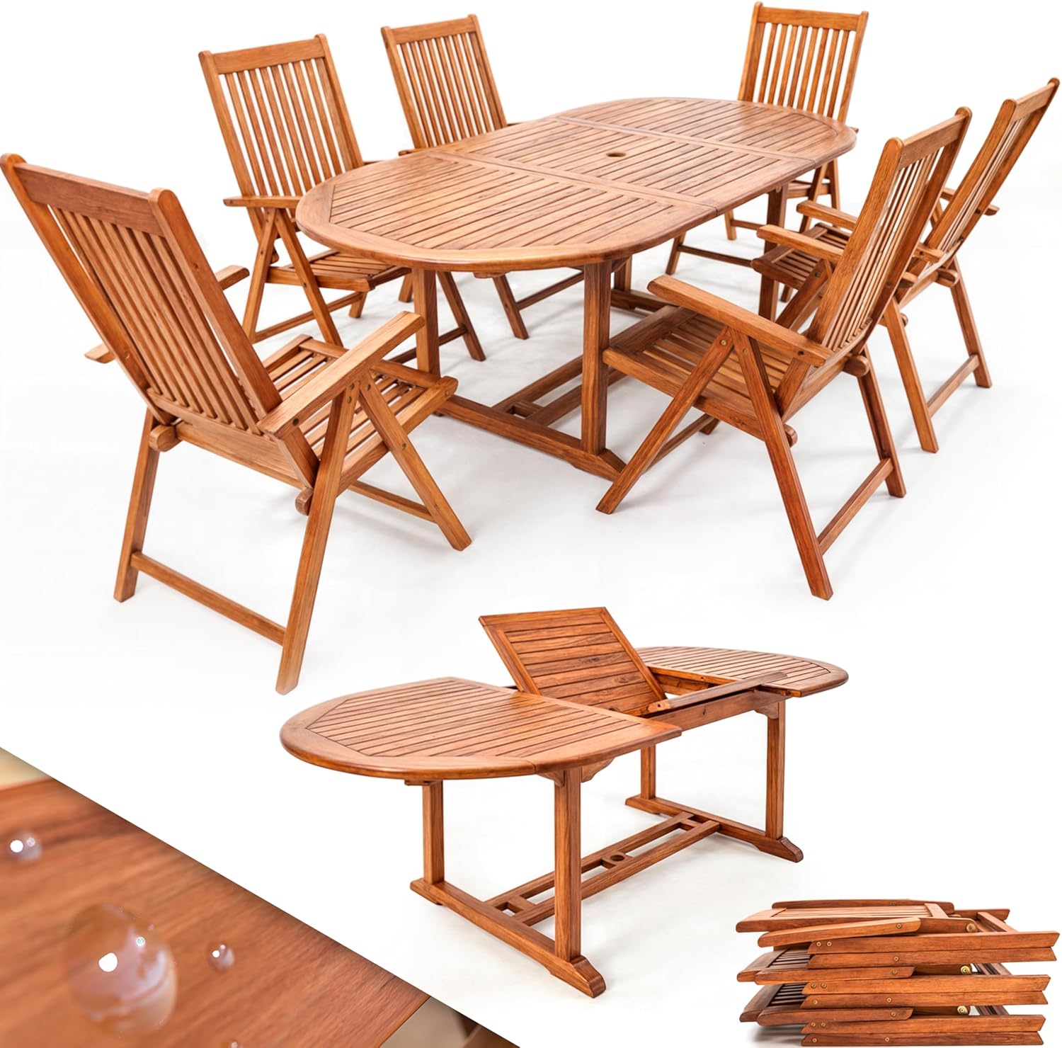 ® Ensemble de Salon de Jardin Vanamo 1 Table Extensible Type Papillon 6 chaises Bois d'eucalyptus certifié FSC®
